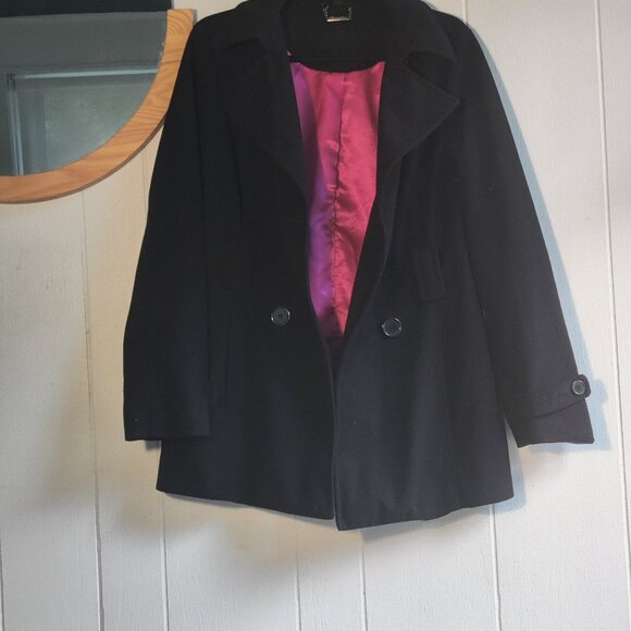 JouJou Black Double Breasted Pea Coat with pink lining. Stylish and Warm - Picture 1 of 7